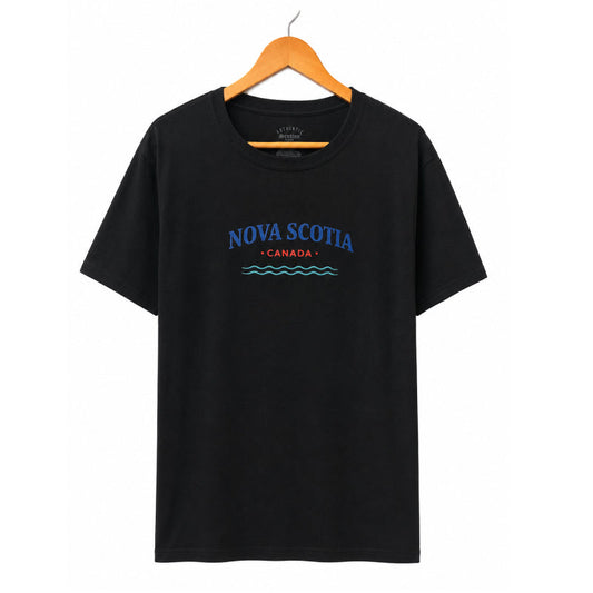 Black t-shirt with 'Nova Scotia, Canada' text on a hanger against a white background