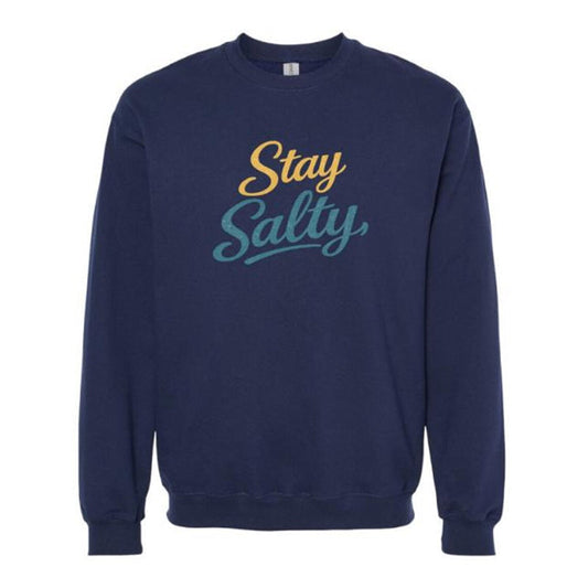 Navy blue sweatshirt with 'Stay Salty' text in yellow and teal on a white background