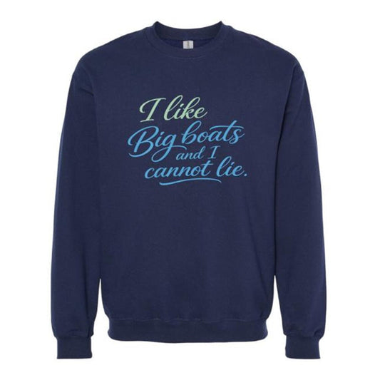 Navy blue sweatshirt with blue text on a white background
